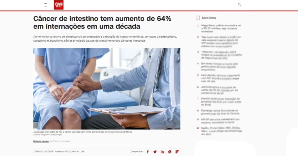Câncer de Intestino tem aumento de 64% em internações em uma década